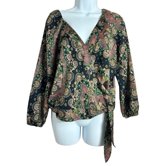 Point Sur J.Crew Paisley Satiny Crepe Wrap Tie Blouse Size XS Long-Sleeve Top - Picture 3 of 6